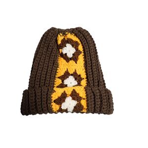 Handmade Crochet Beanie Brown Fold Cuff Yellow Floral Granny Square Winter Hat